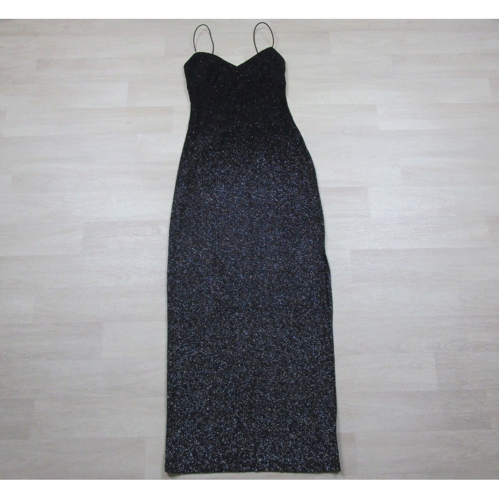 Vintage Y2K Be Smart Black Dress Low Strappy Back (11/12) Slinky Bodycon Glitter